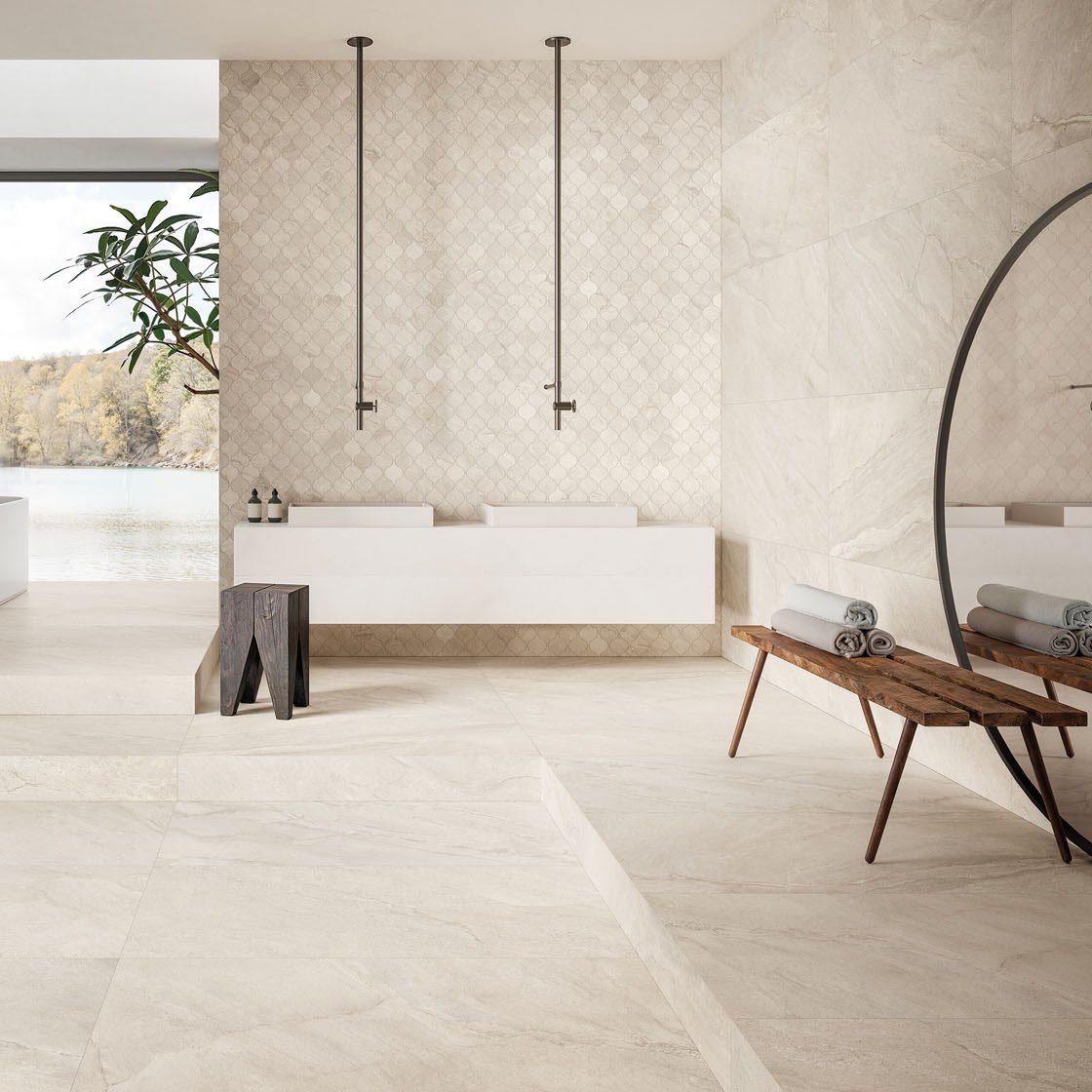 Pietra di Orosei Grigio Conchiglia 60x120, Provenzale Evo 29,2x29,2 Amb Bagno