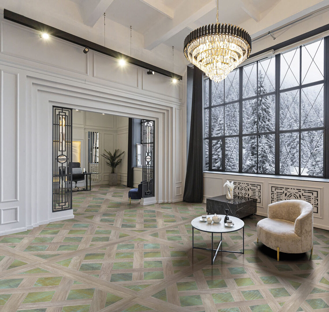 bright luxurious expansive interior of country chalet with stunning views of winter forest through panoramic windows white walls with ornaments, fireplace, work and sitting area without people daytime